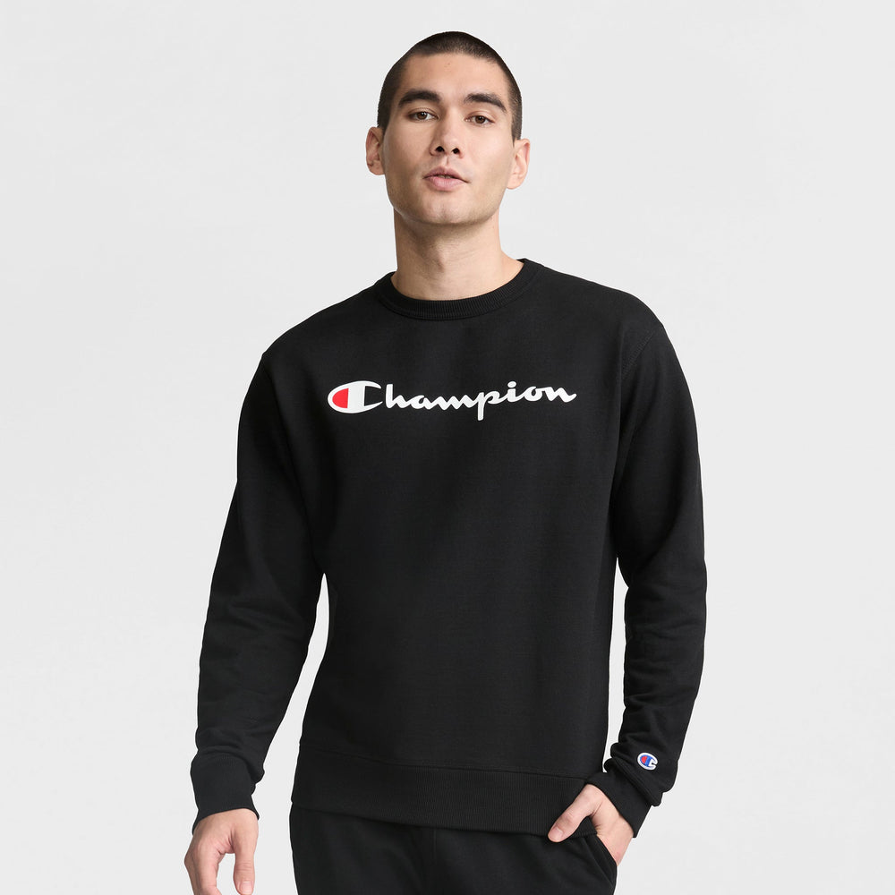 Champion Powerblend Crewneck Sweatshirt, Classic Script Logo - Black