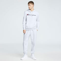 Champion Powerblend Hoodie, Full Script Logo - Platinum Silver Heather