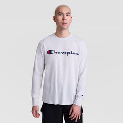 Champion Classic Graphic Long-Sleeve T-Shirt, Script Logo - Platinum Silver Heather