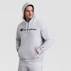 Champion Powerblend Hoodie, Full Script Logo - Big & Tall - Platinum Silver Heather