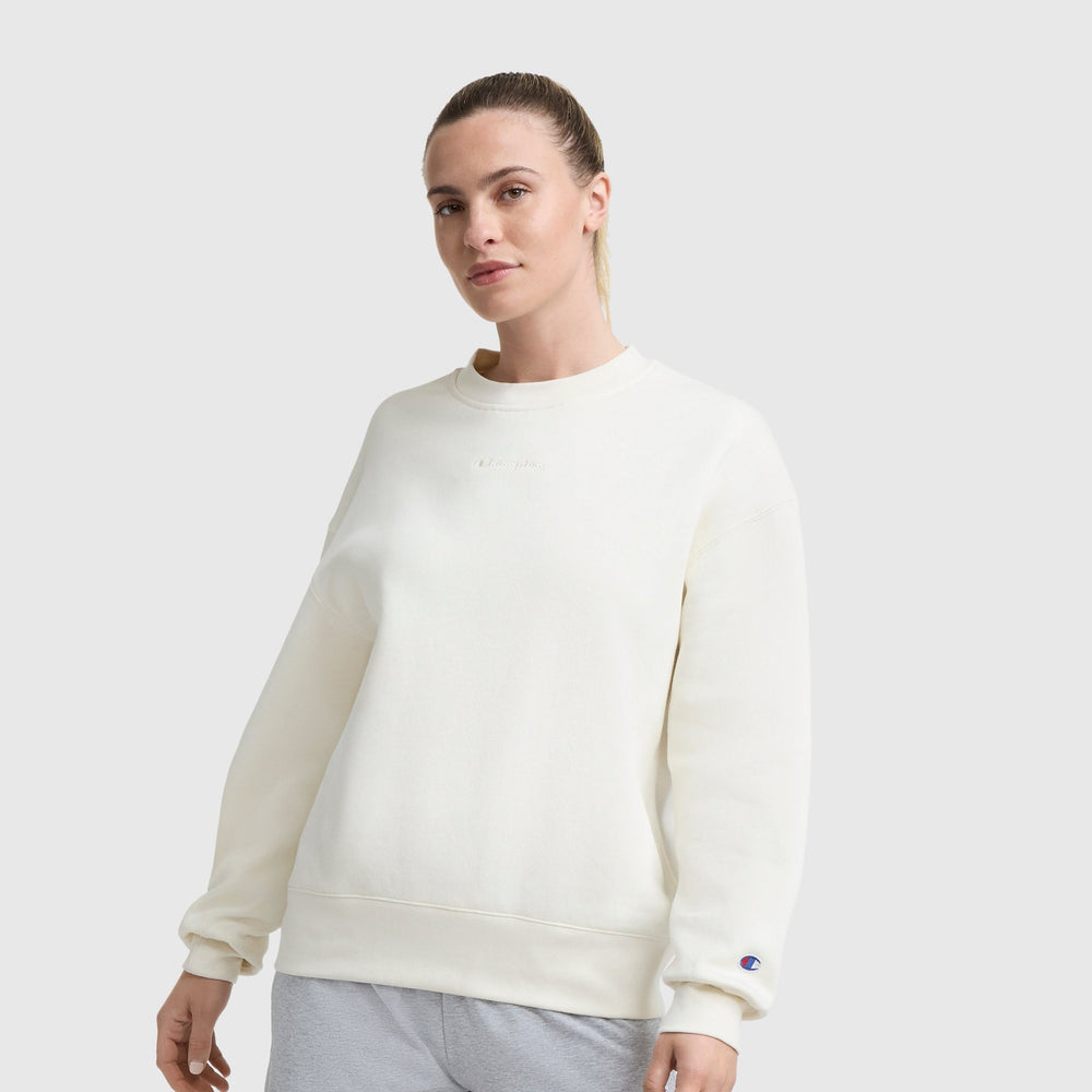 Champion Powerblend Crewneck Sweatshirt, Embroidered Script Logo - Unbleached Cotton