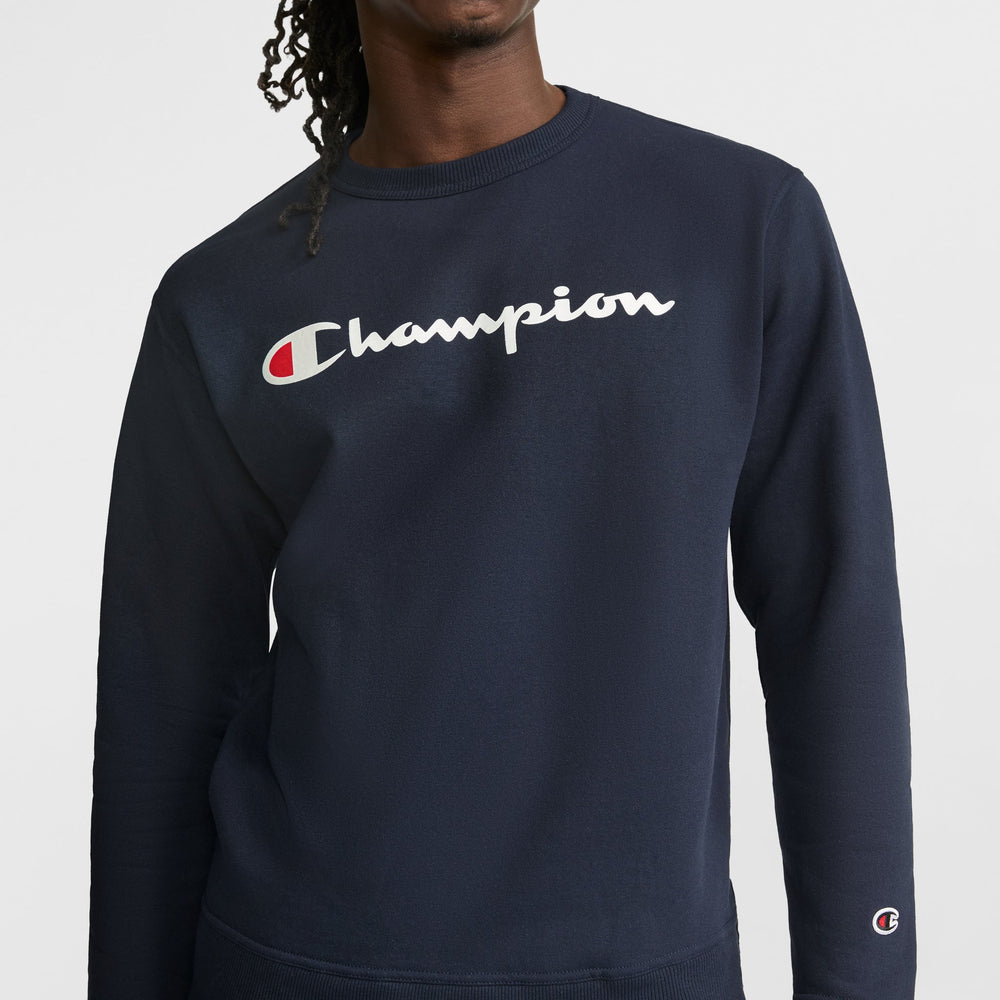 Champion Powerblend Crewneck Sweatshirt, Script Logo - Deep Navy