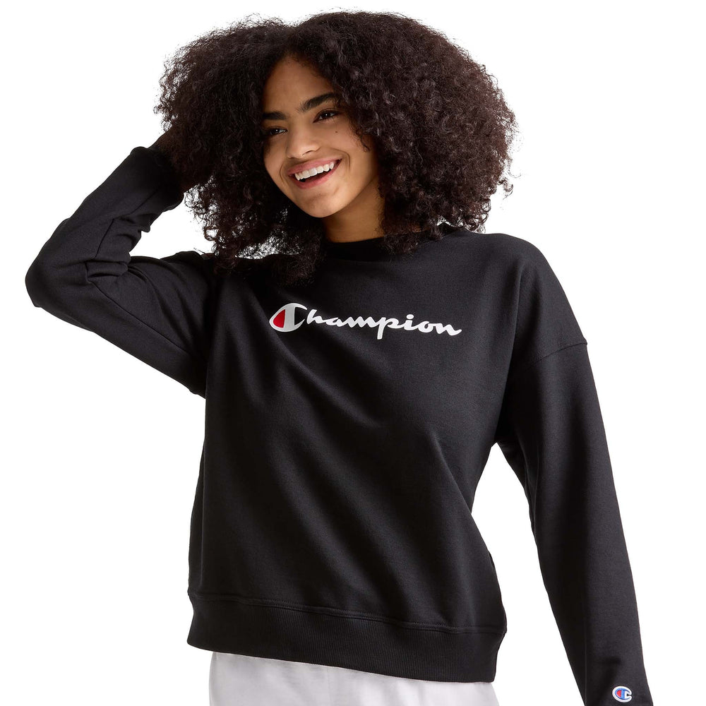 Champion Powerblend Crewneck Sweatshirt, Script Logo - Black