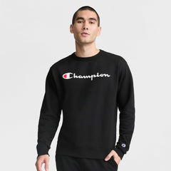 Champion Powerblend Crewneck Sweatshirt, Classic Script Logo - Black