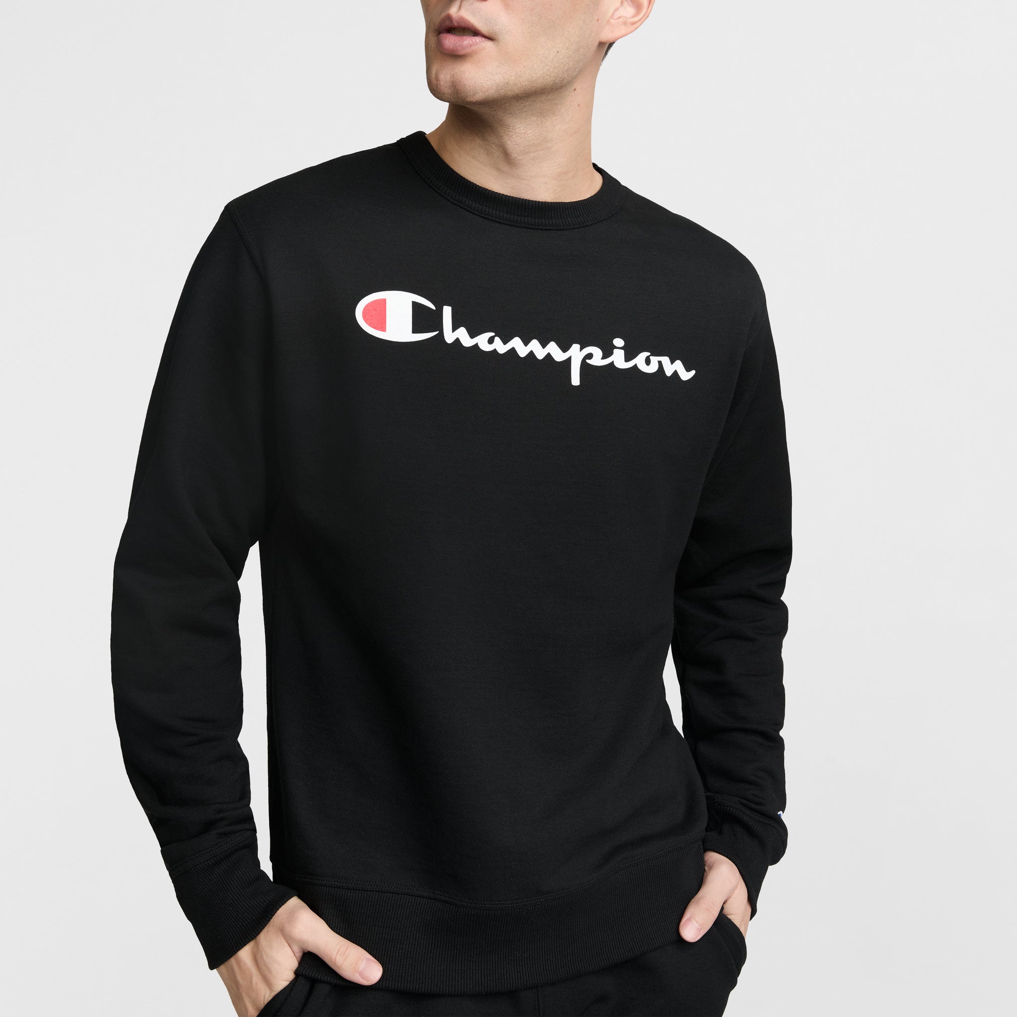 Champion Powerblend Crewneck Sweatshirt, Classic Script Logo - Black