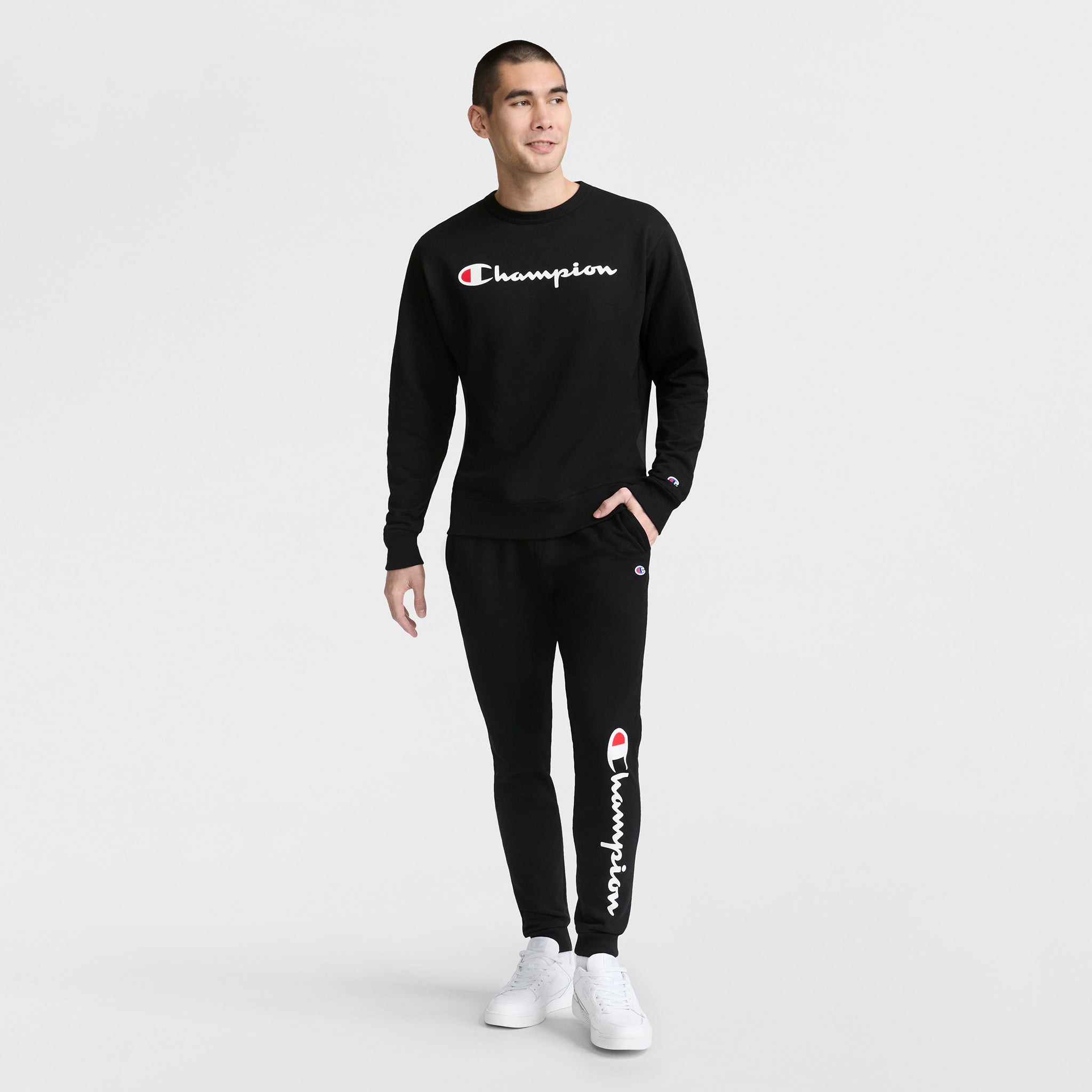 Champion Powerblend Crewneck Sweatshirt, Classic Script Logo - Black