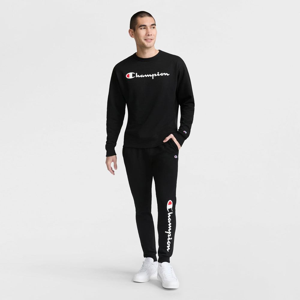 Champion Powerblend Crewneck Sweatshirt, Classic Script Logo - Black