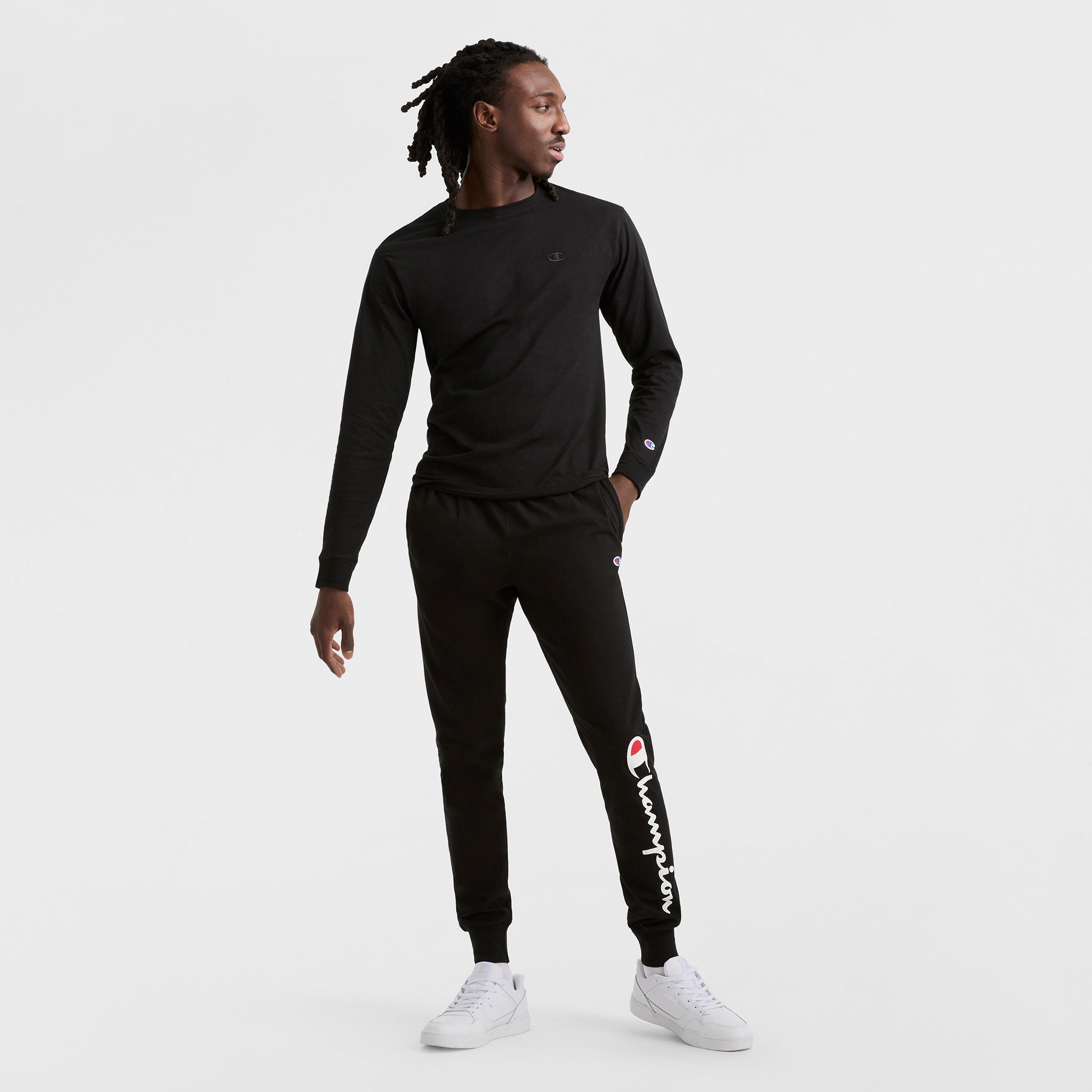 Champion Classic Long Sleeve T-Shirt, Embroidered C Logo - Black