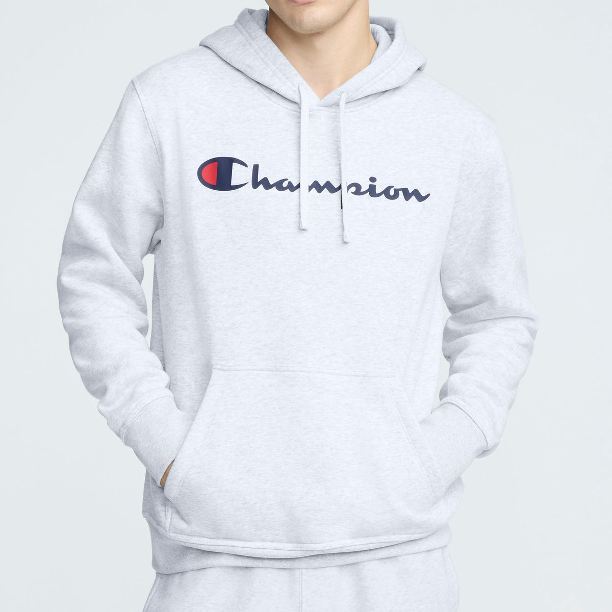 Champion Powerblend Hoodie, Full Script Logo - Platinum Silver Heather
