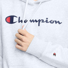 Champion Powerblend Hoodie, Full Script Logo - Platinum Silver Heather