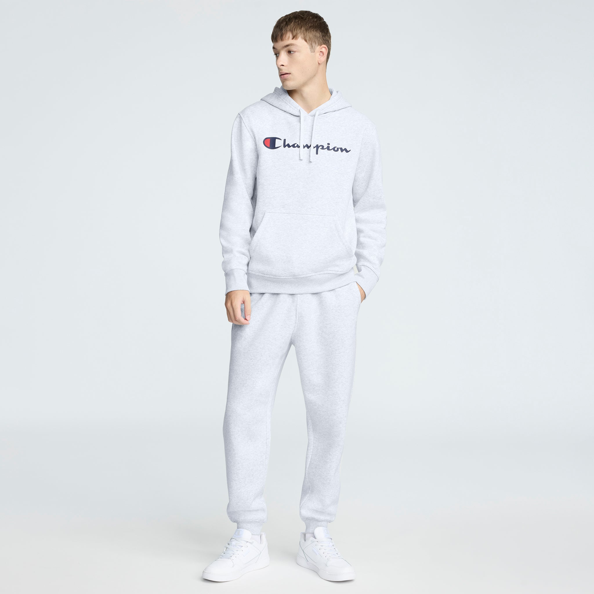 Champion Powerblend Hoodie, Full Script Logo - Platinum Silver Heather