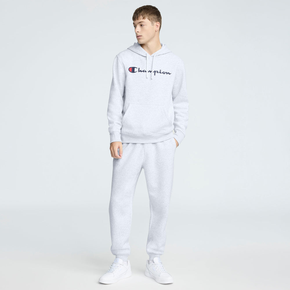 Champion Powerblend Hoodie, Full Script Logo - Platinum Silver Heather