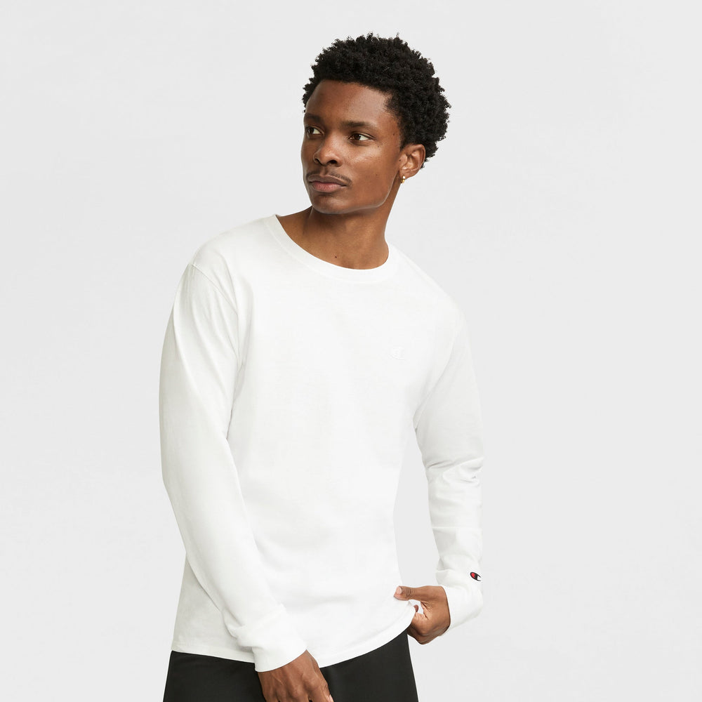Champion Classic Long Sleeve T-Shirt, Embroidered C Logo - Bright White