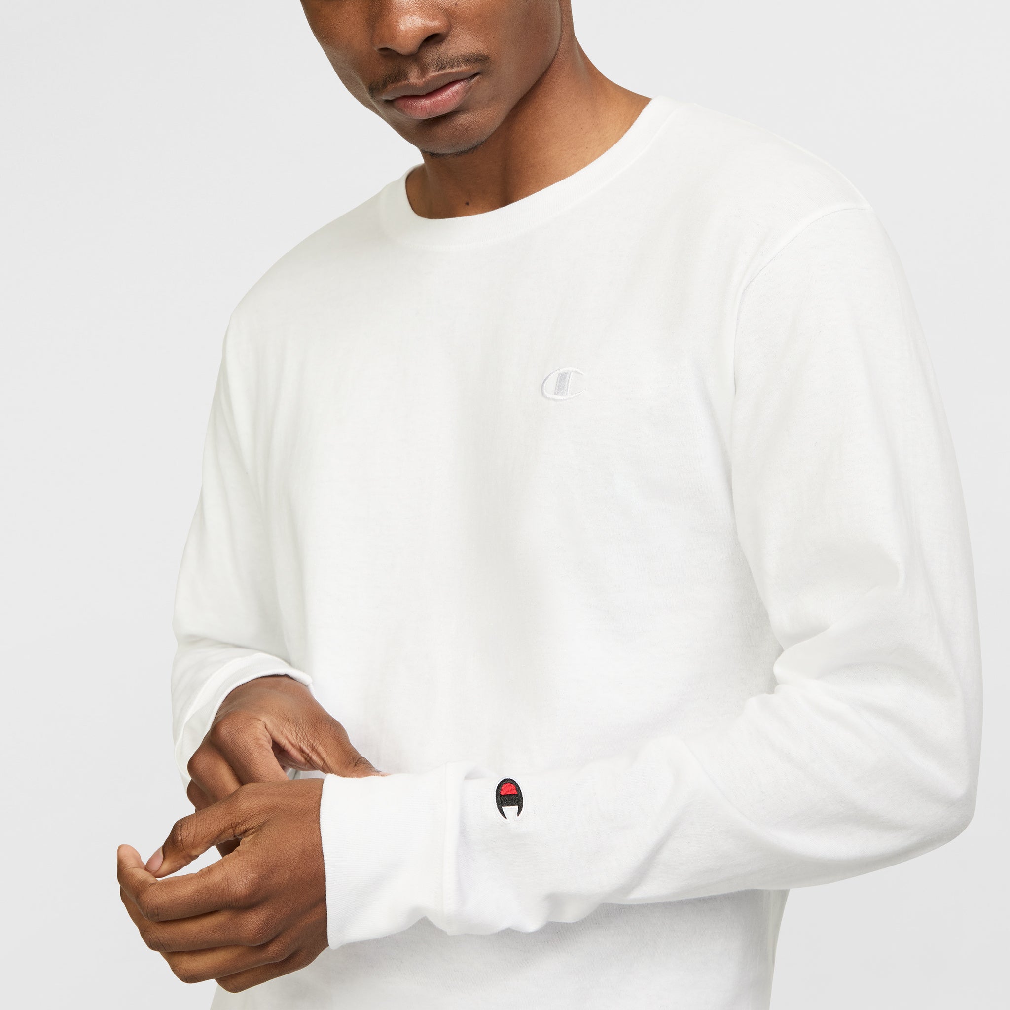 Champion Classic Long Sleeve T-Shirt, Embroidered C Logo - Bright White
