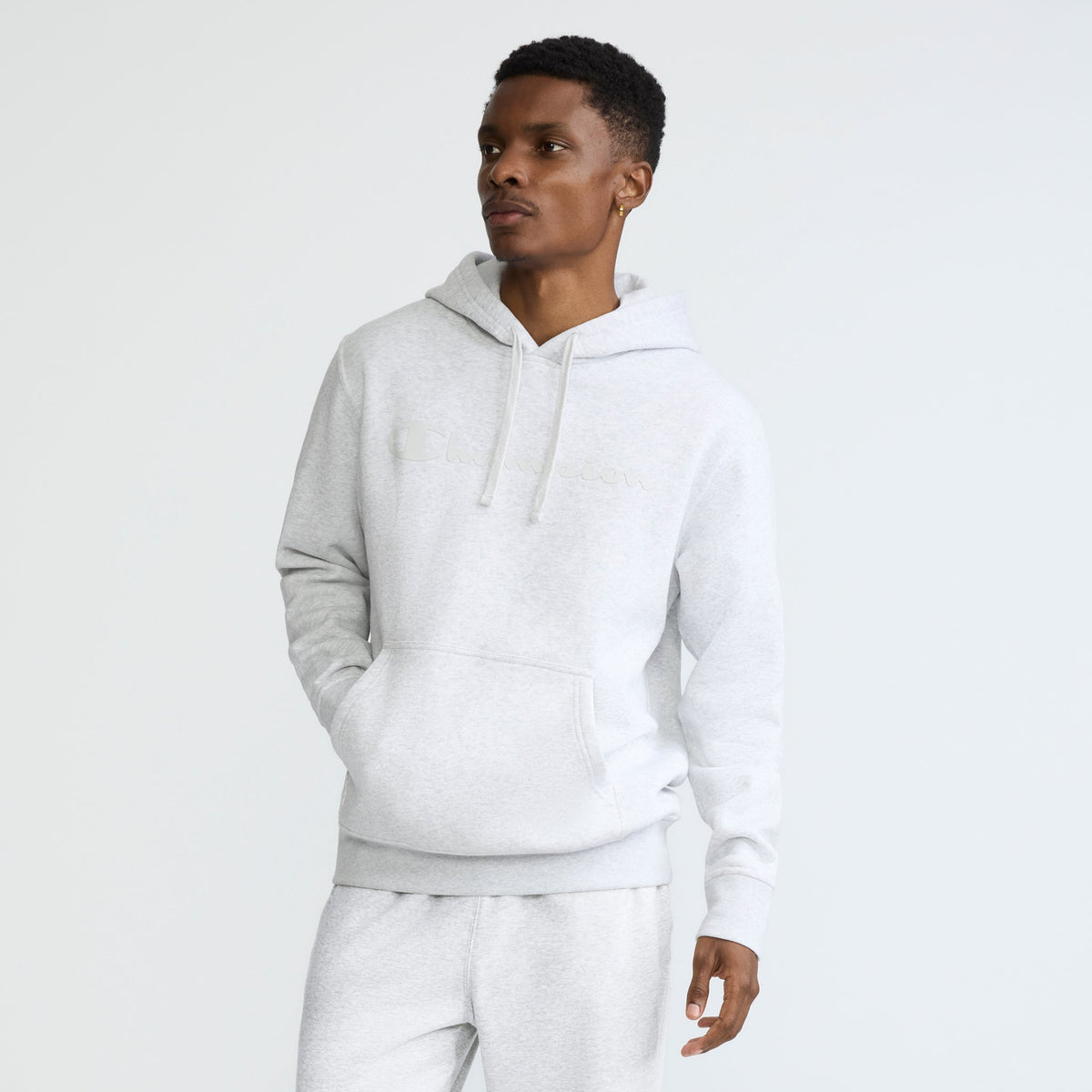 Champion Powerblend Hoodie, Tonal Script Logo - Platinum Silver Heather