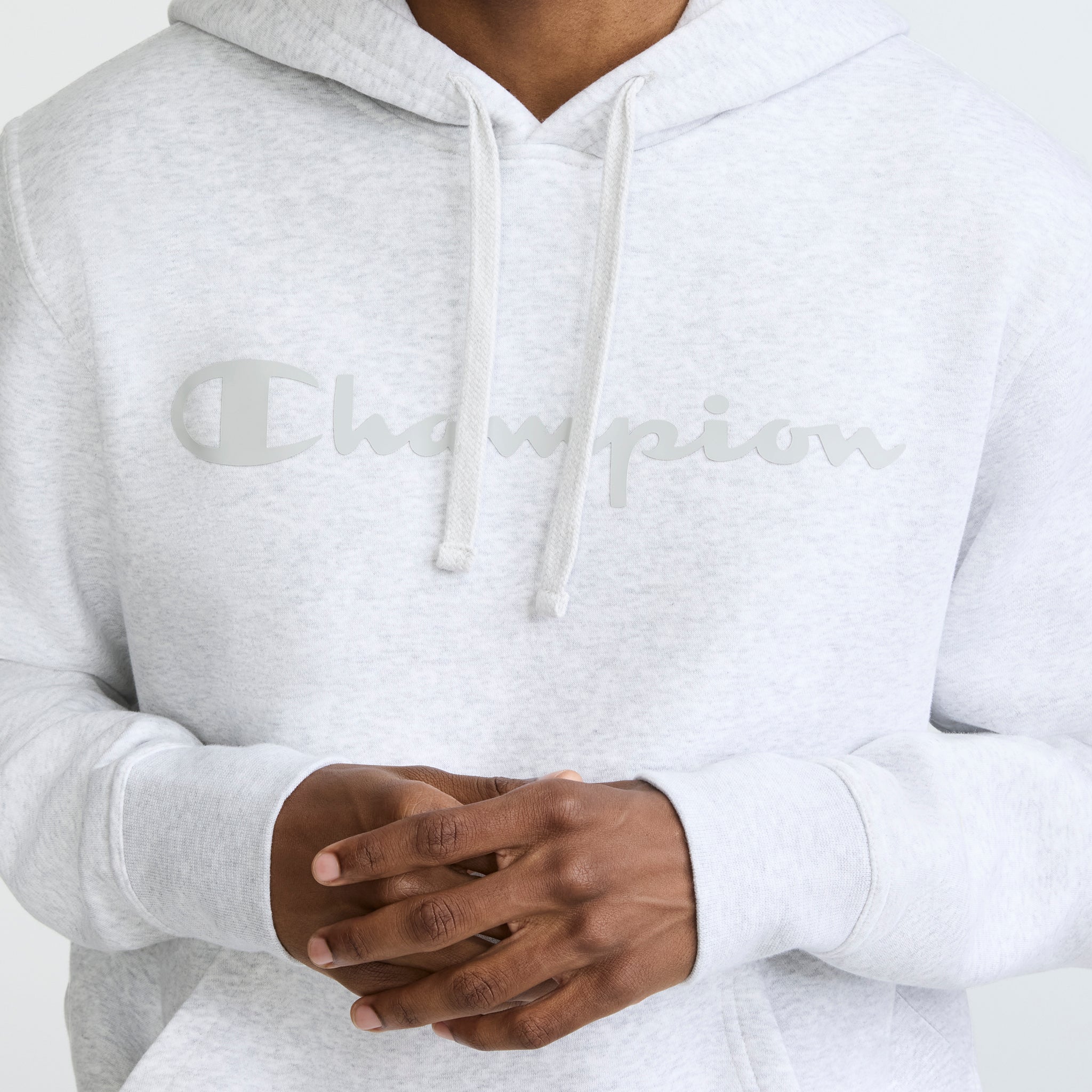 Champion Powerblend Hoodie, Tonal Script Logo - Platinum Silver Heather