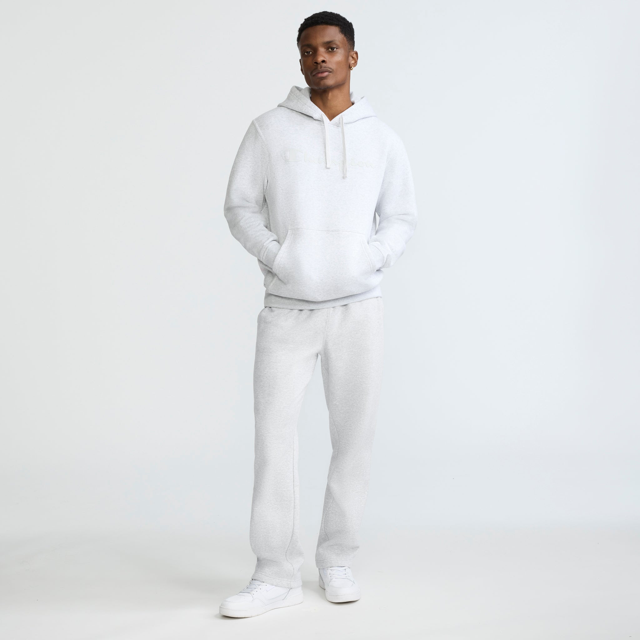 Champion Powerblend Hoodie, Tonal Script Logo - Platinum Silver Heather