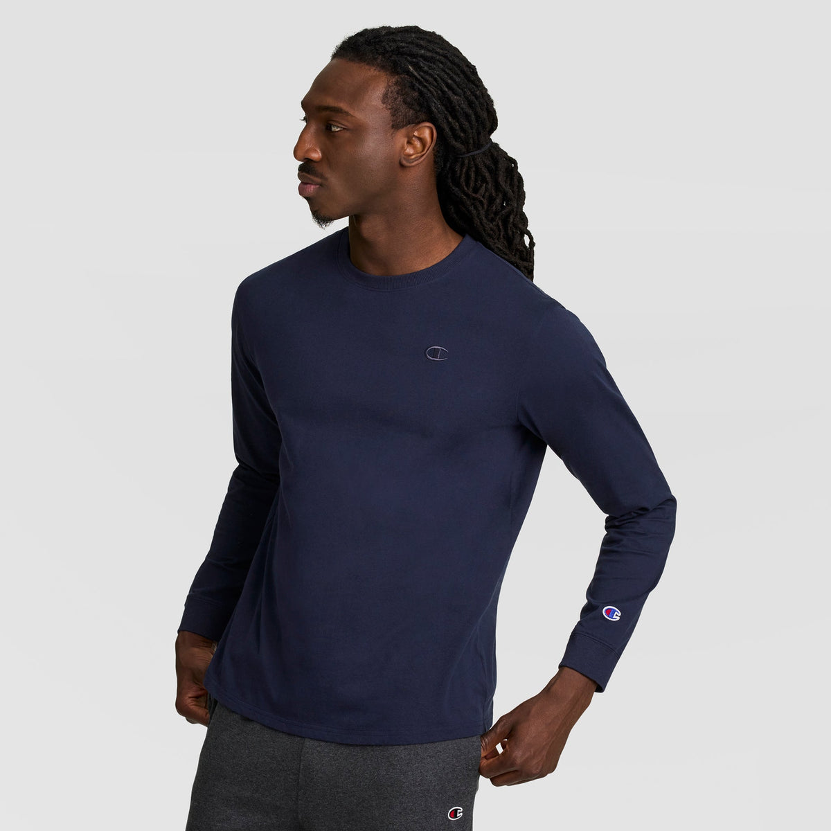 Champion Classic Long Sleeve T-Shirt, Embroidered C Logo - Deep Navy