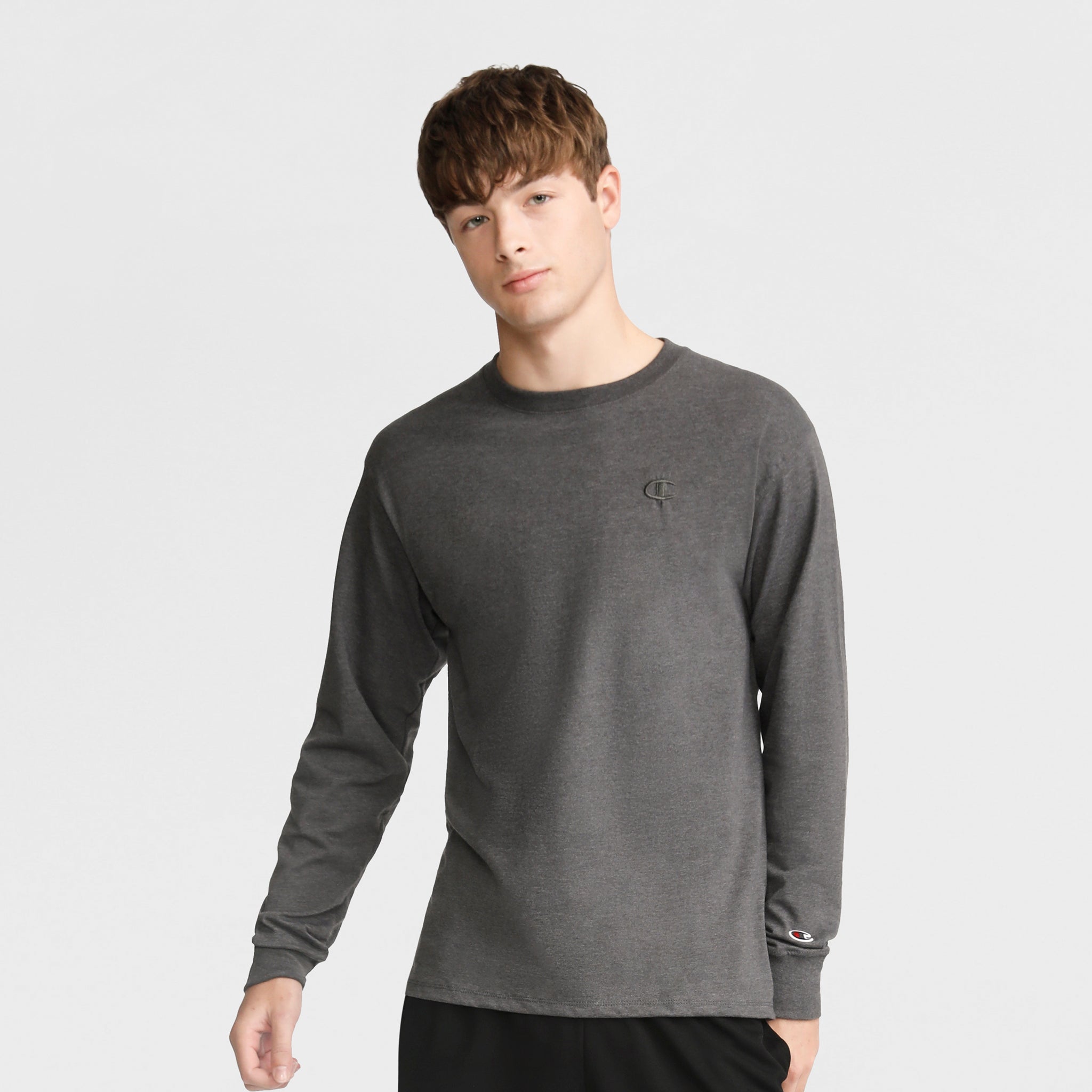 Champion Classic Long Sleeve T-Shirt, Embroidered C Logo - Granite Heather