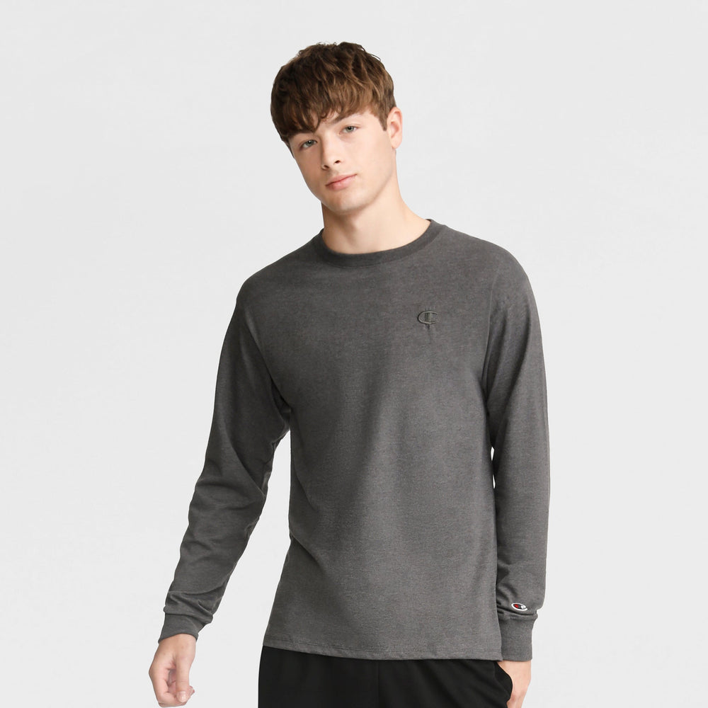 Champion Classic Long Sleeve T-Shirt, Embroidered C Logo - Granite Heather