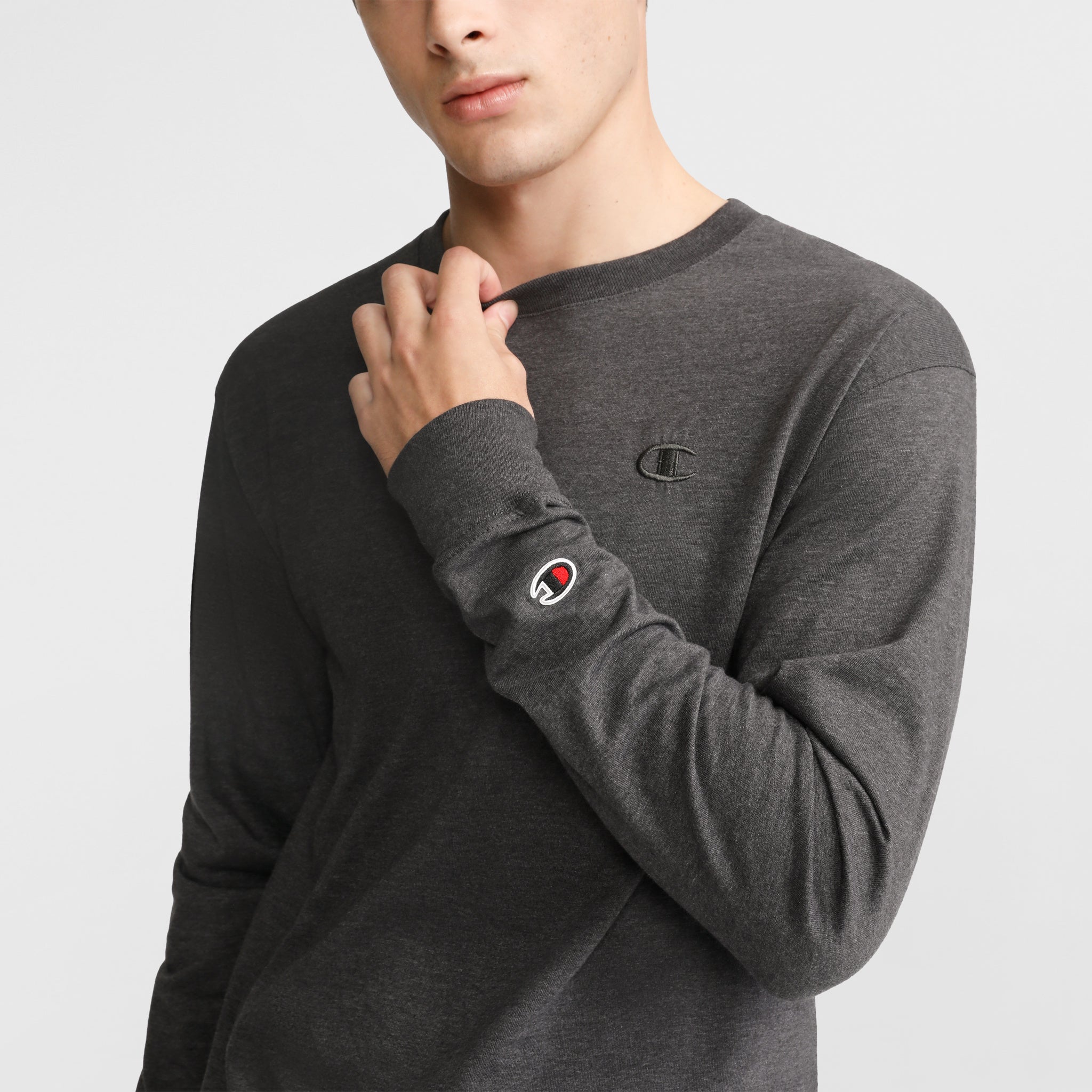 Champion Classic Long Sleeve T-Shirt, Embroidered C Logo - Granite Heather