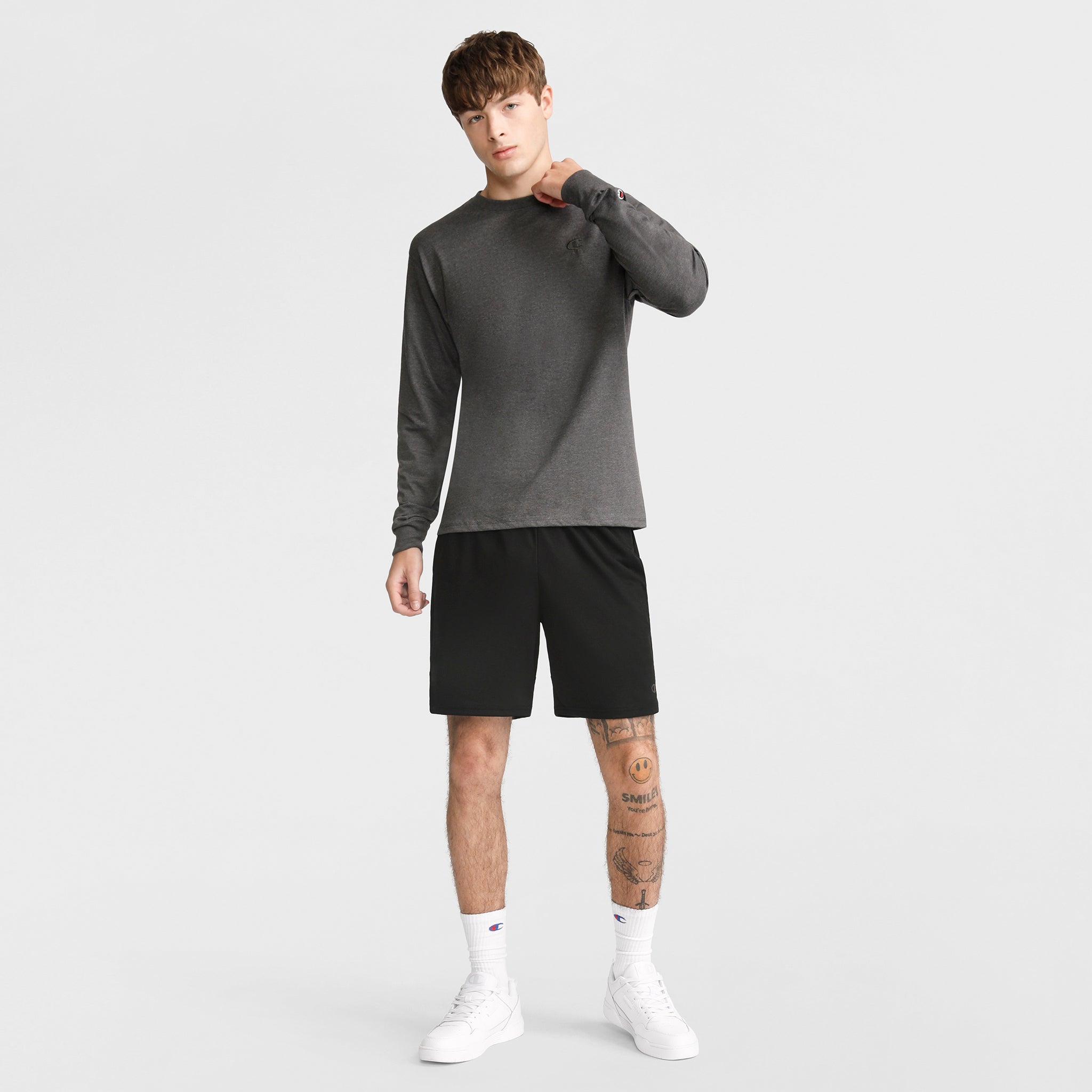 Champion Classic Long Sleeve T-Shirt, Embroidered C Logo - Granite Heather