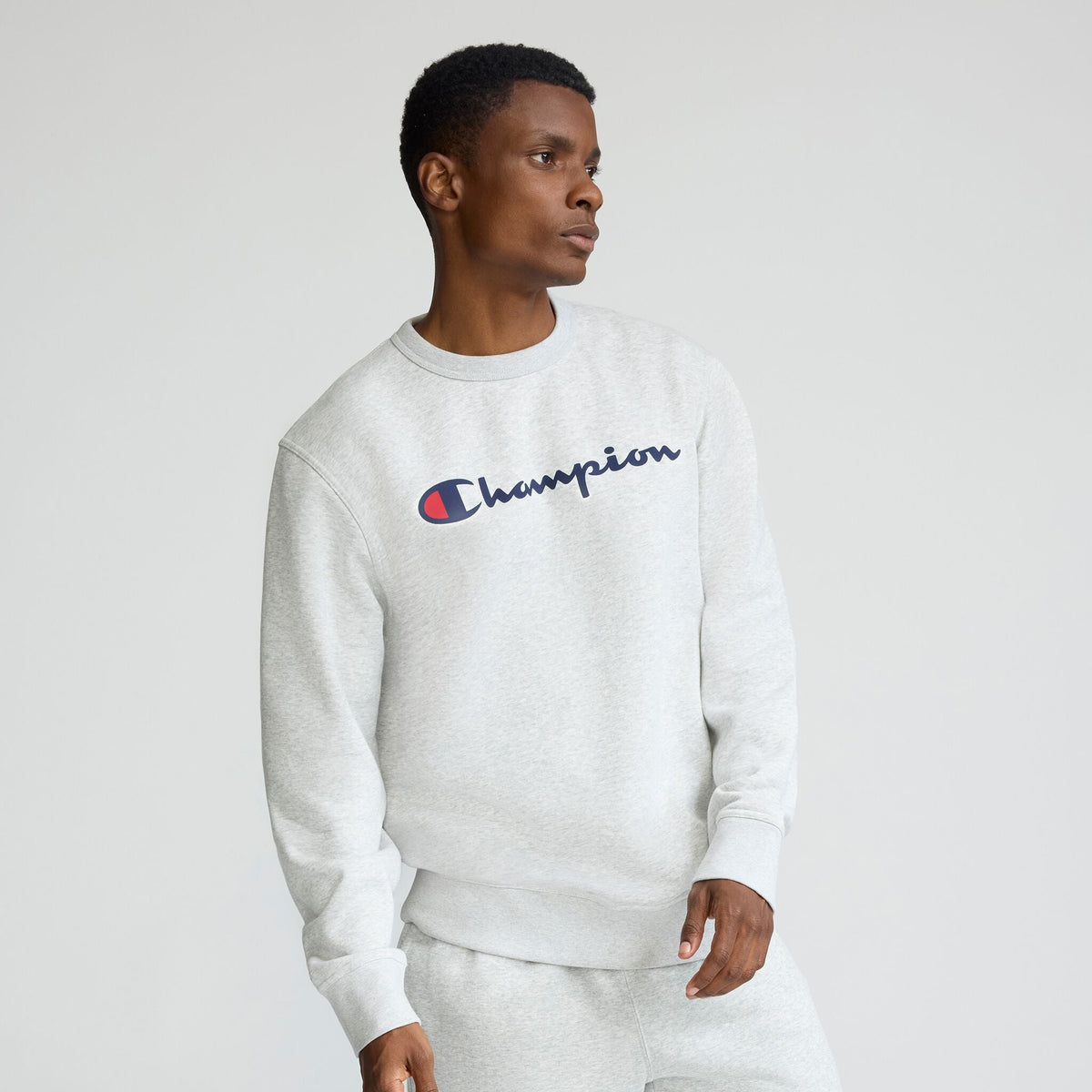 Champion Powerblend Crewneck Sweatshirt, Script Logo - Platinum Silver Heather