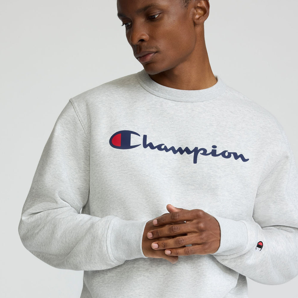 Champion Powerblend Crewneck Sweatshirt, Script Logo - Platinum Silver Heather