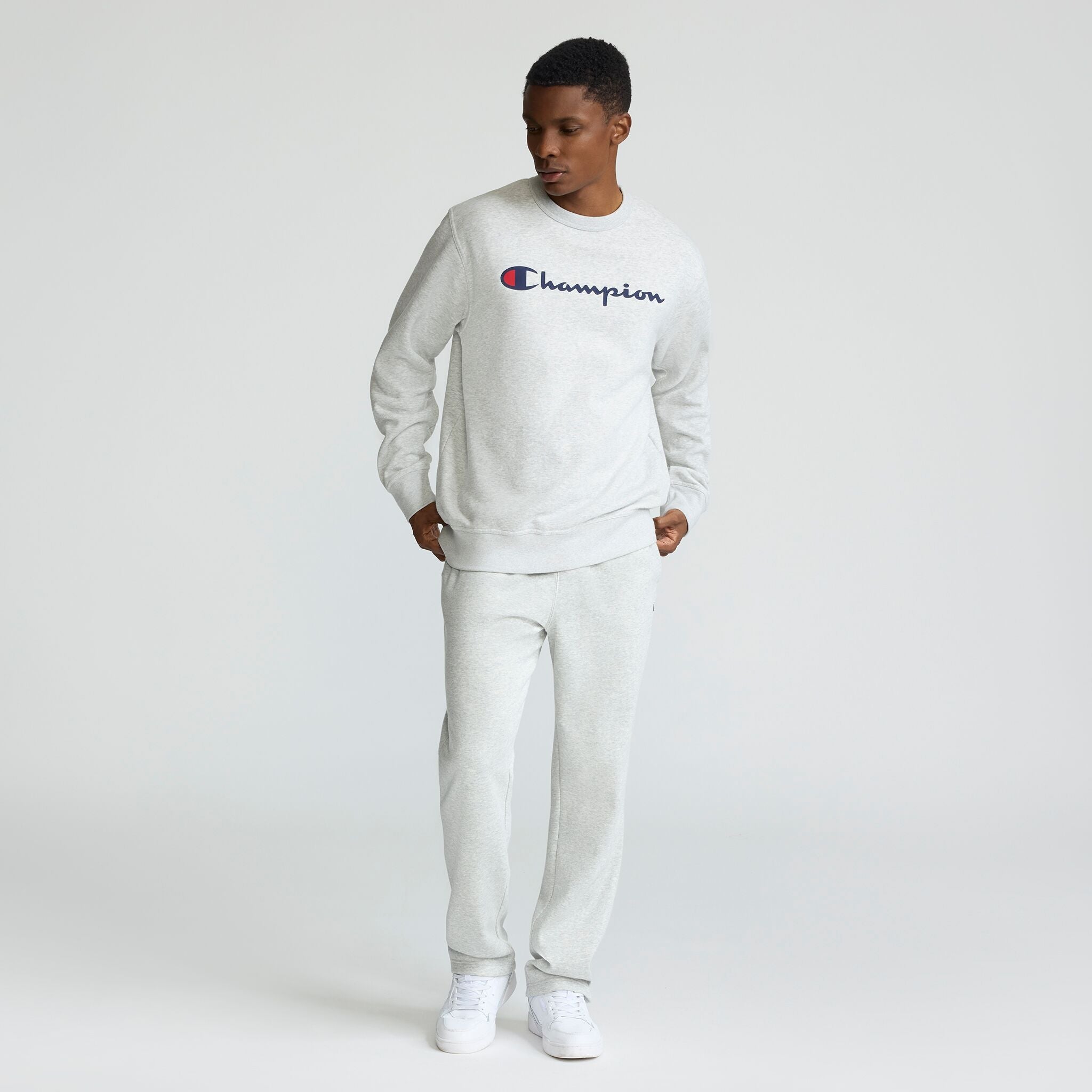 Champion Powerblend Crewneck Sweatshirt, Script Logo - Platinum Silver Heather