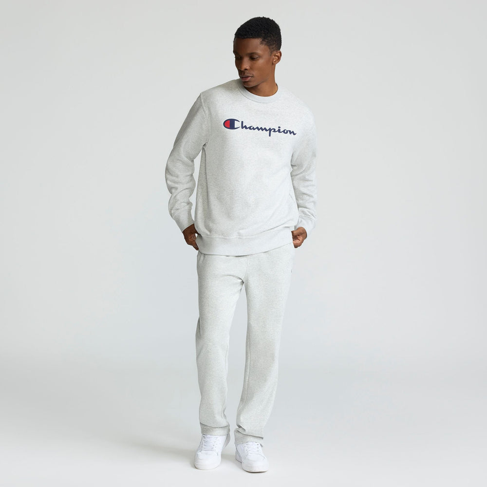 Champion Powerblend Crewneck Sweatshirt, Script Logo - Platinum Silver Heather