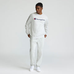 Champion Powerblend Crewneck Sweatshirt, Script Logo - Platinum Silver Heather