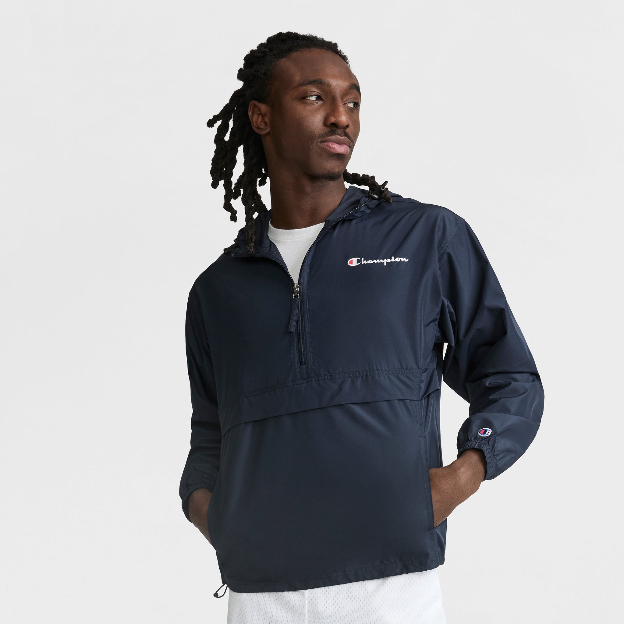 Champion Stadium Packable Jacket, Script Logo - Navy