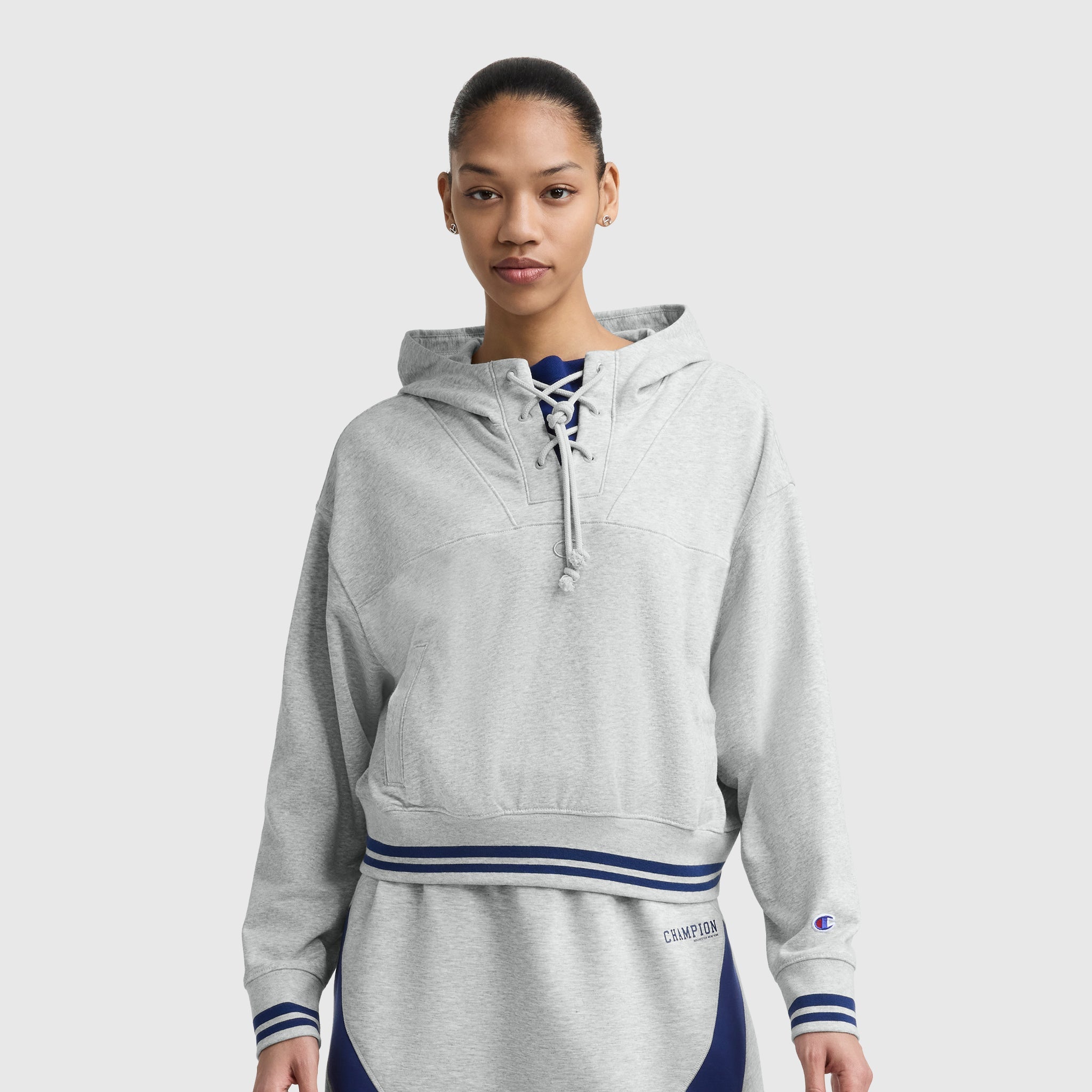 Champion Tackle Lace Front Hoodie, Tonal Embroidered C Logo - Oxford Grey Heather