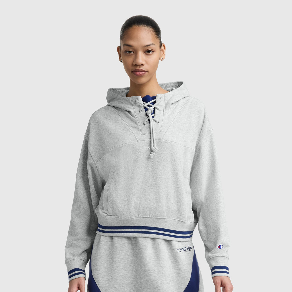 Champion Tackle Lace Front Hoodie, Tonal Embroidered C Logo - Oxford Grey Heather