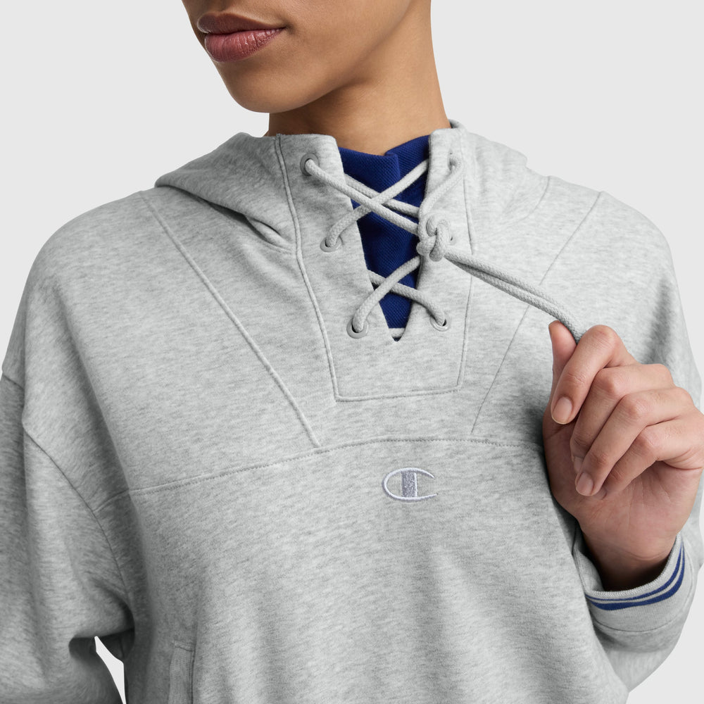 Champion Tackle Lace Front Hoodie, Tonal Embroidered C Logo - Oxford Grey Heather