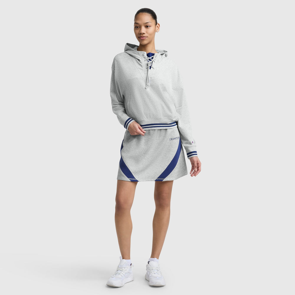 Champion Tackle Lace Front Hoodie, Tonal Embroidered C Logo - Oxford Grey Heather