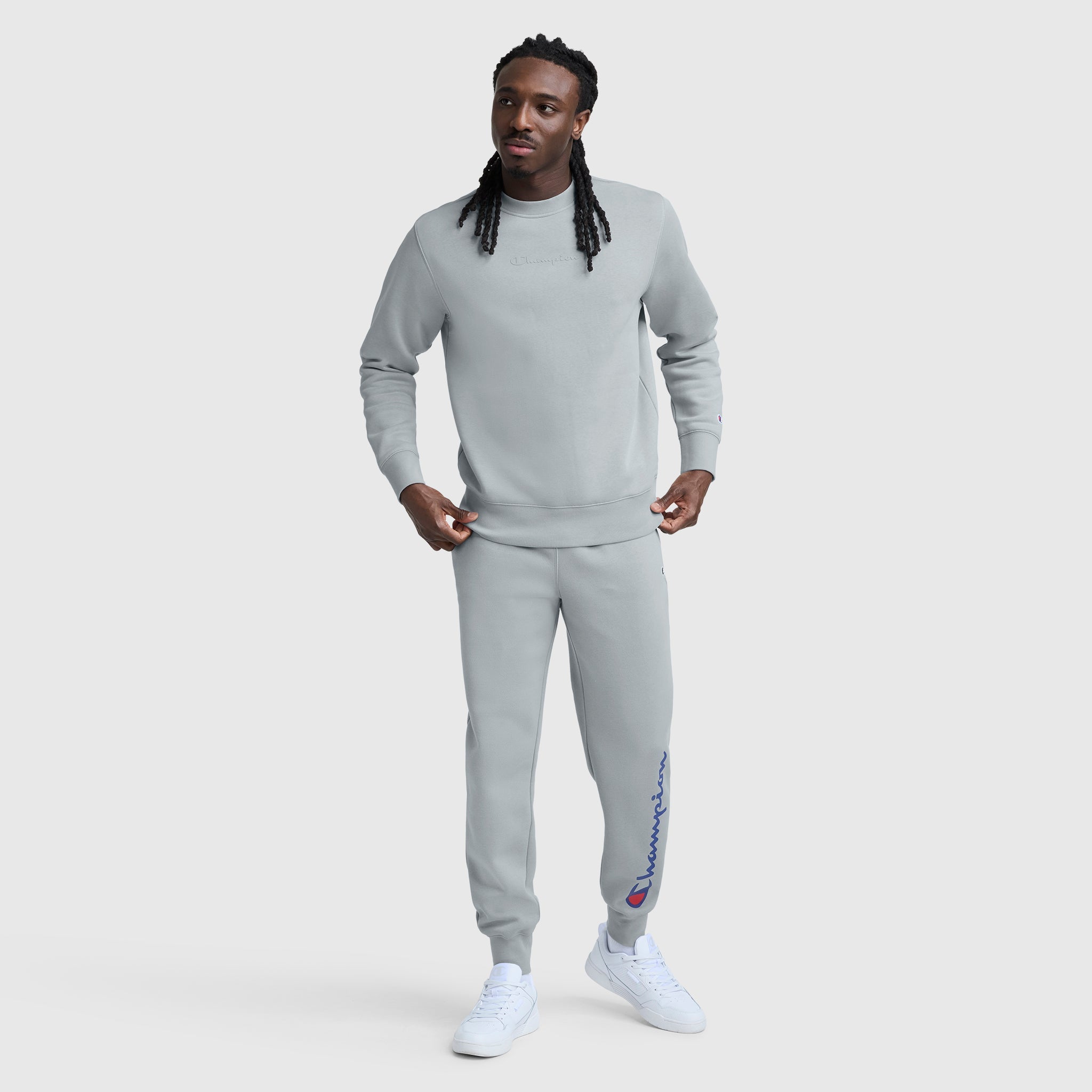 Champion Powerblend Crewneck Sweatshirt, Tonal Script Logo - Quarry