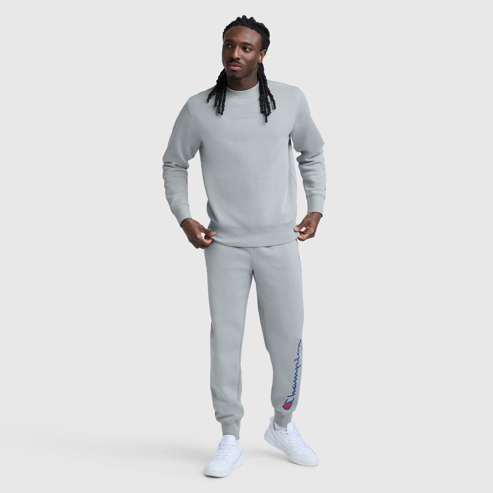 Champion Powerblend Crewneck Sweatshirt, Tonal Script Logo - Quarry