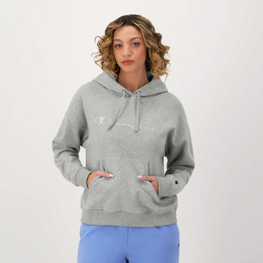 Champion Powerblend Freshman Hoodie, Embroidered Script Logo - Oxford Grey Heather