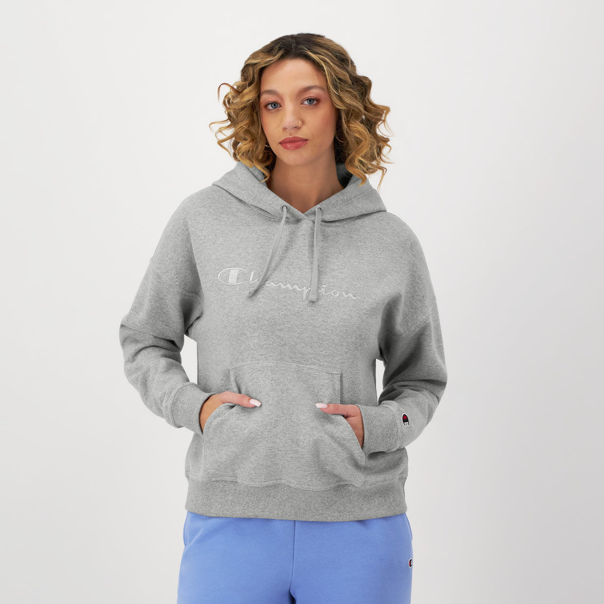 Champion Powerblend Freshman Hoodie, Embroidered Script Logo - Oxford Grey Heather
