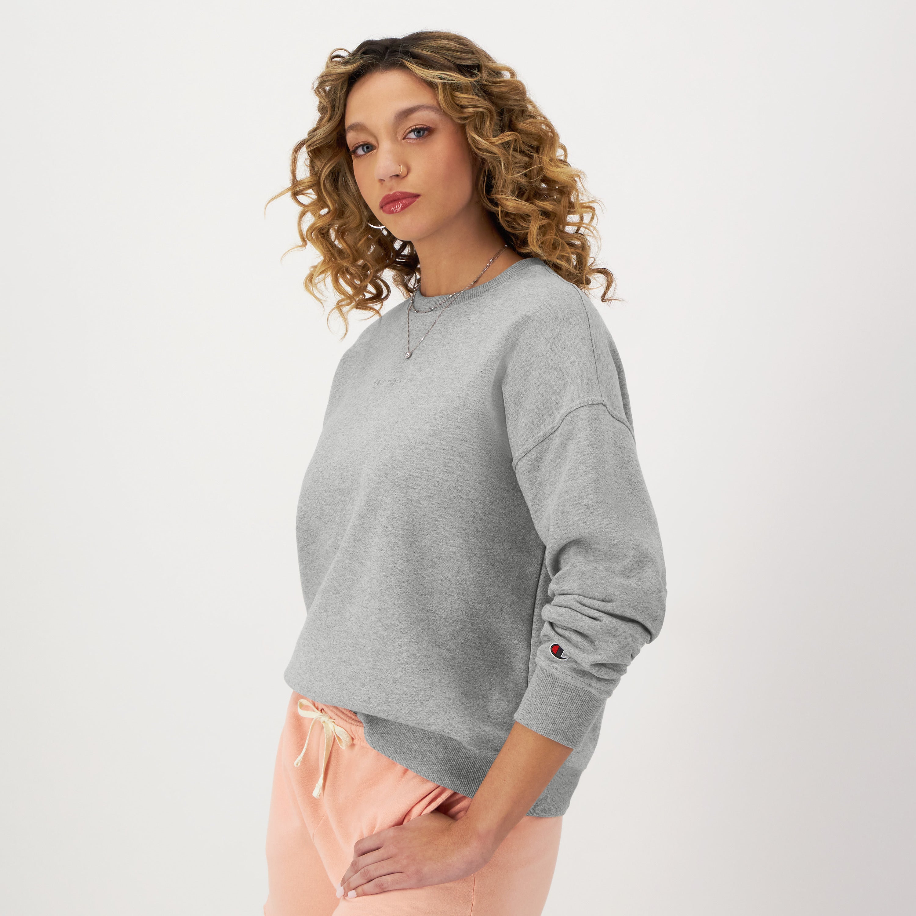 Champion Powerblend Crewneck Sweatshirt, Embroidered Script Logo - Oxford Grey Heather