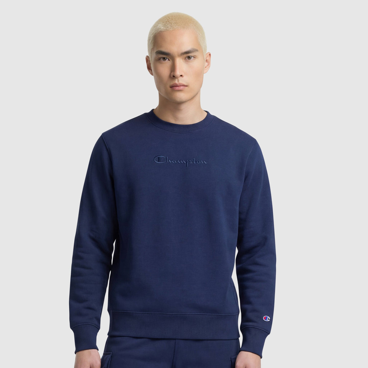 Champion Powerblend Crewneck Sweatshirt, Tonal Script Logo - Blue Depth
