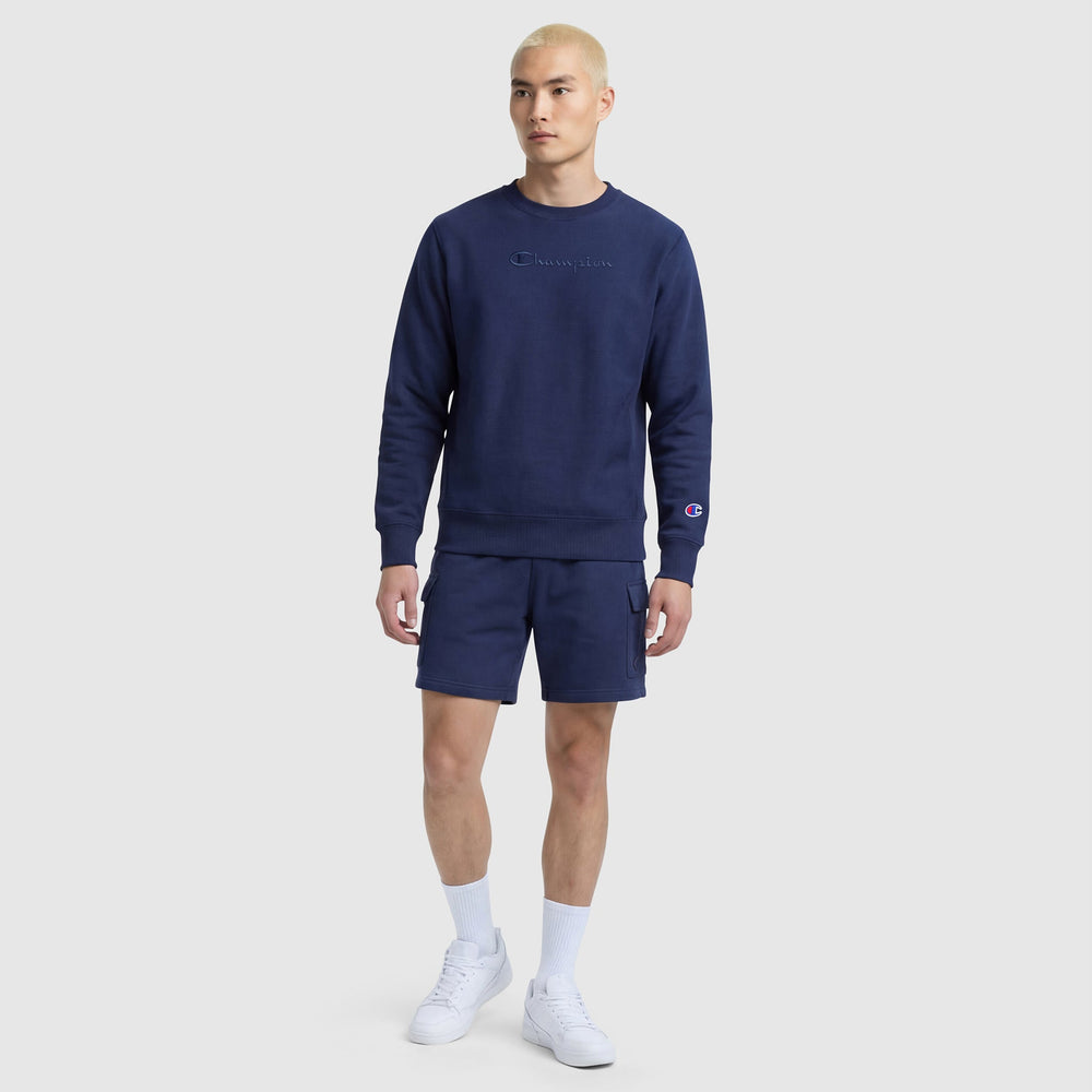 Champion Powerblend Crewneck Sweatshirt, Tonal Script Logo - Blue Depth