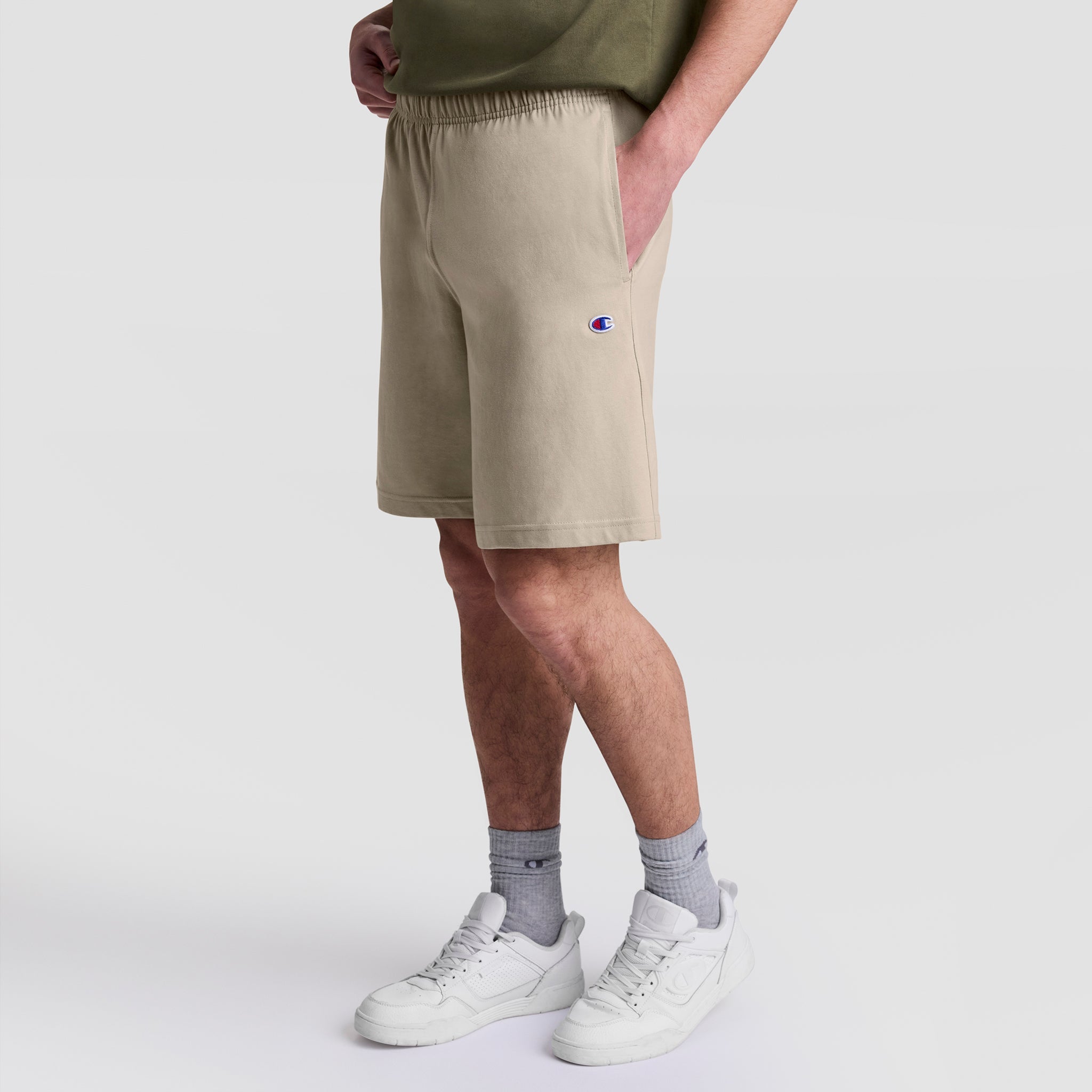 Champion 9" Lightweight Lounge Shorts, C Patch Logo - Abbey Stone