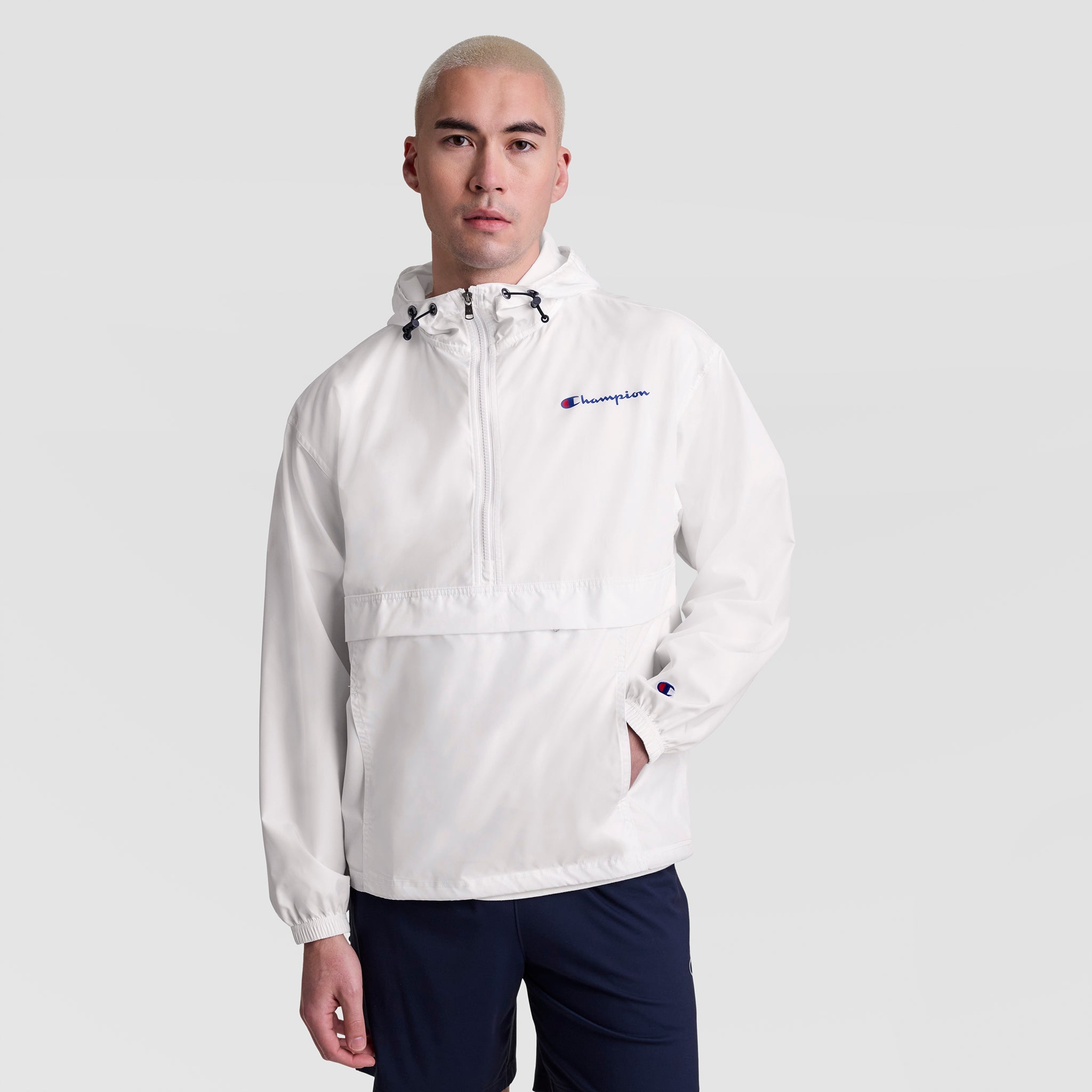 Champion Stadium Packable Jacket, Script Logo - Bright White