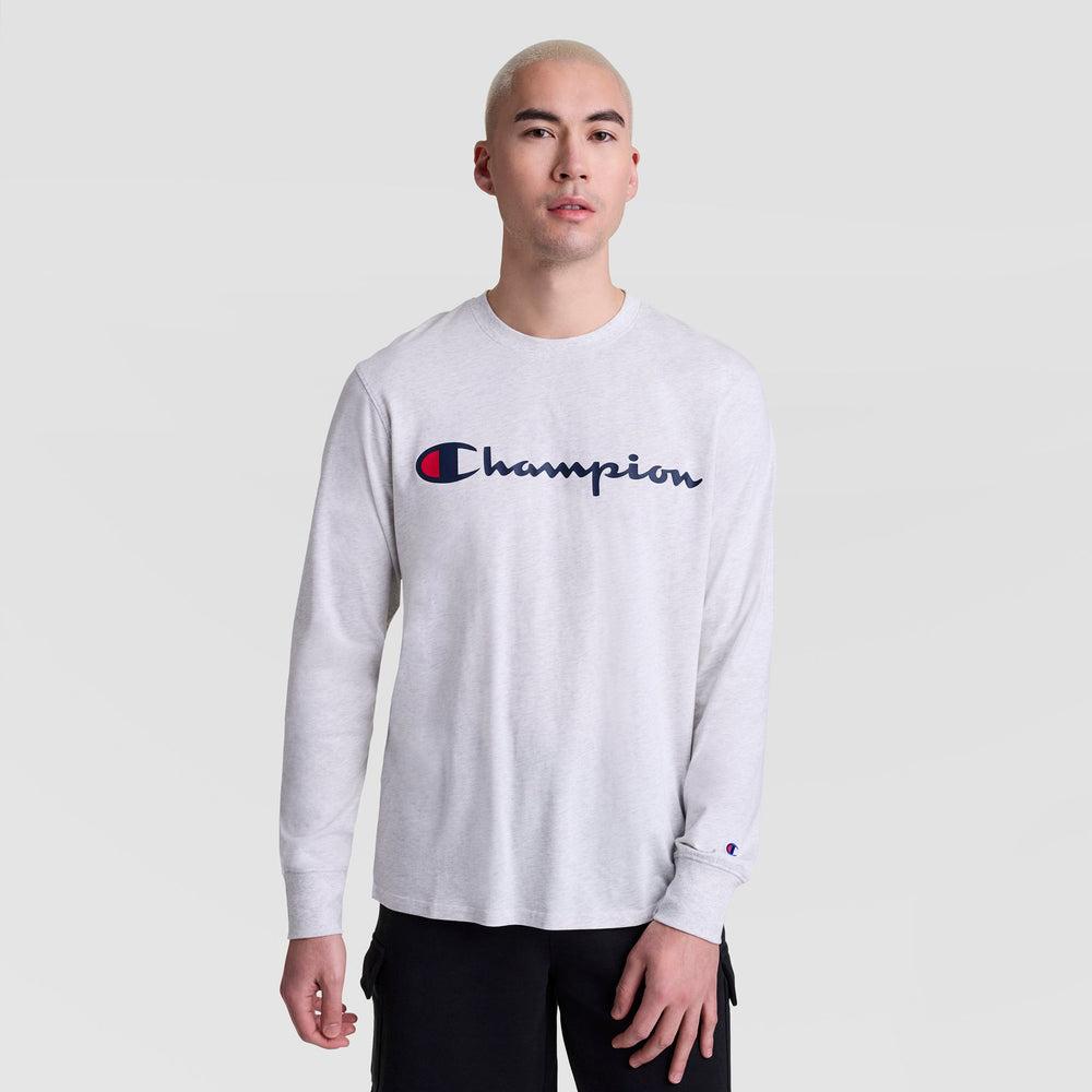Champion Classic Graphic Long-Sleeve T-Shirt, Script Logo - Platinum Silver Heather