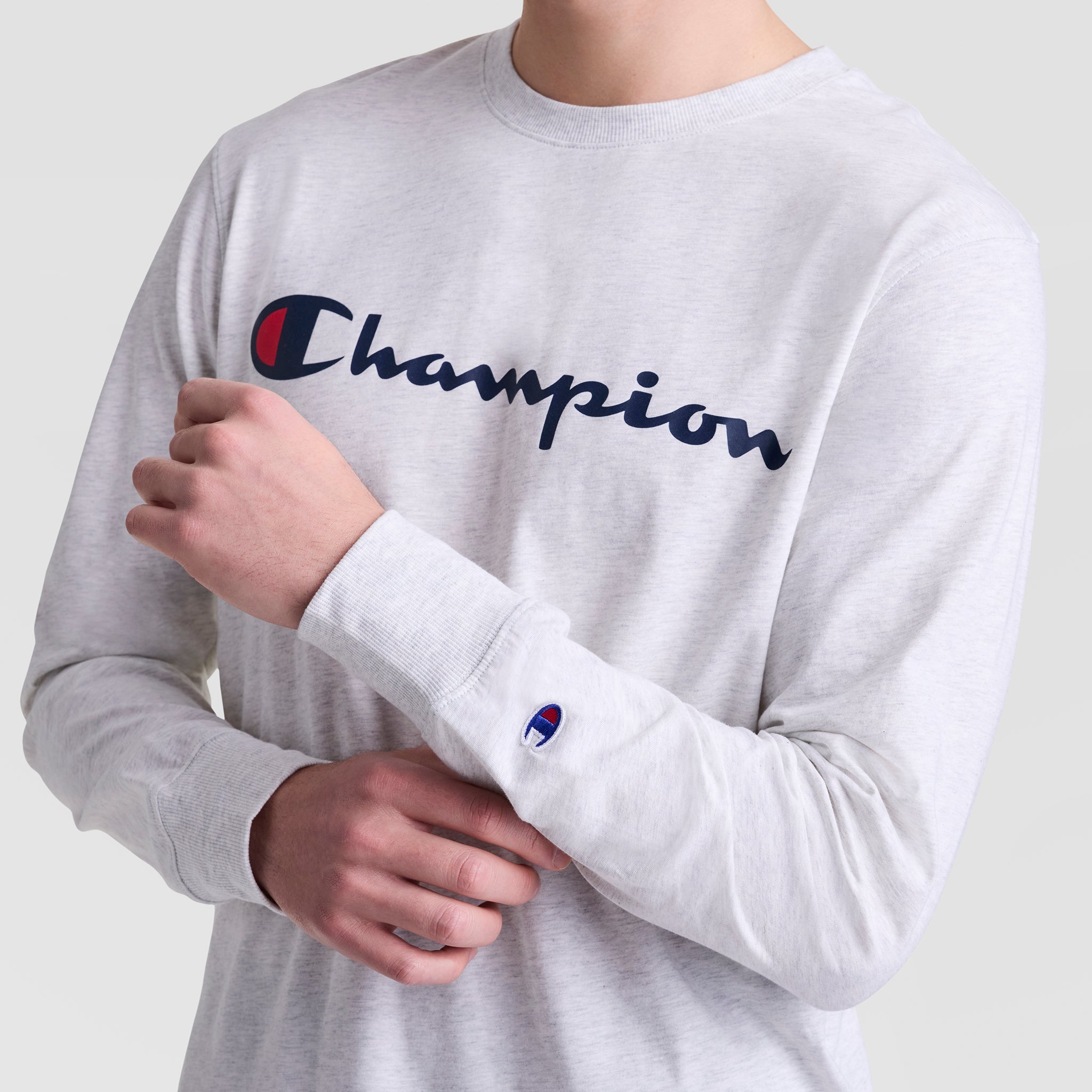 Champion Classic Graphic Long-Sleeve T-Shirt, Script Logo - Platinum Silver Heather