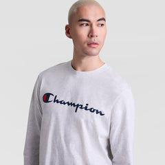 Champion Classic Graphic Long-Sleeve T-Shirt, Script Logo - Platinum Silver Heather