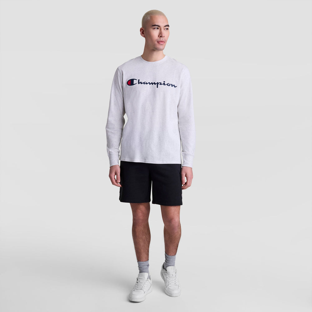 Champion Classic Graphic Long-Sleeve T-Shirt, Script Logo - Platinum Silver Heather