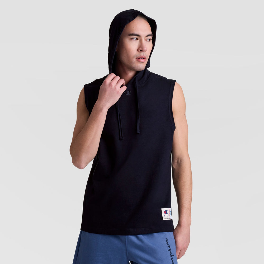 Champion Sleeveless Hoodie, Embroidered C Logo - Deep Navy